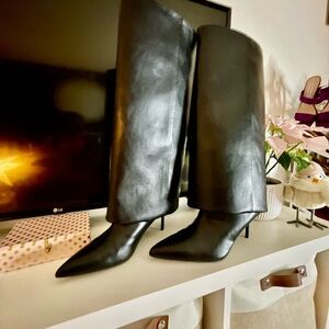 Black Over the Knee Boots with High Heel and Pointed Toe